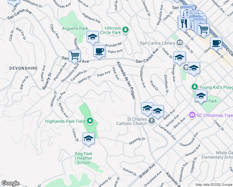 map of restaurants, bars, coffee shops, grocery stores, and more near 107 Vista Del Grande in San Carlos