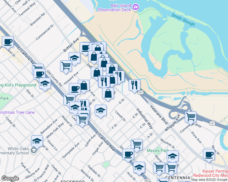 map of restaurants, bars, coffee shops, grocery stores, and more near 1668 Industrial Rd in San Carlos