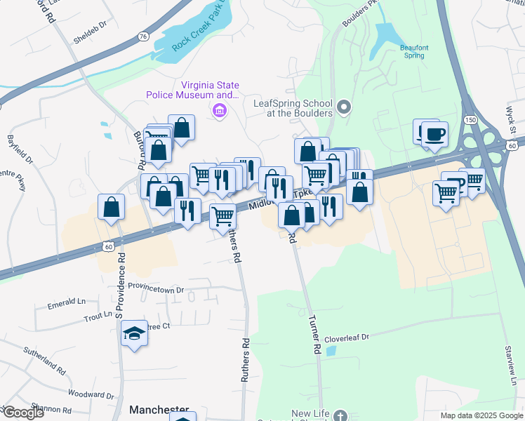 map of restaurants, bars, coffee shops, grocery stores, and more near 7701 Midlothian Turnpike in Richmond