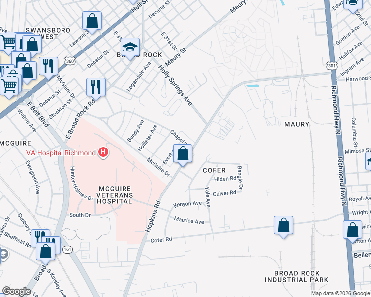 map of restaurants, bars, coffee shops, grocery stores, and more near 3307 Chapel Drive in Richmond