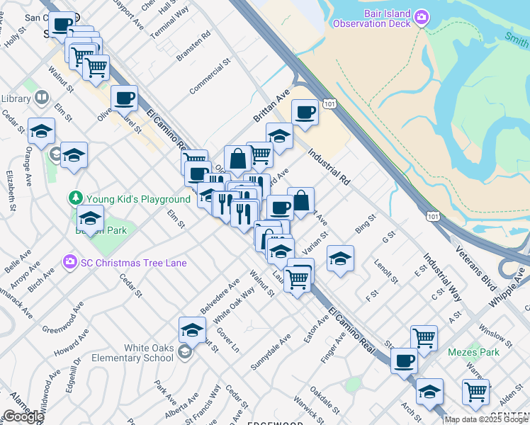 map of restaurants, bars, coffee shops, grocery stores, and more near 1325 Old County Road in San Carlos