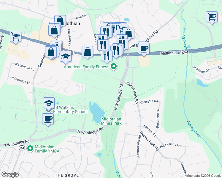 map of restaurants, bars, coffee shops, grocery stores, and more near 13100 North Woolridge Road in Midlothian