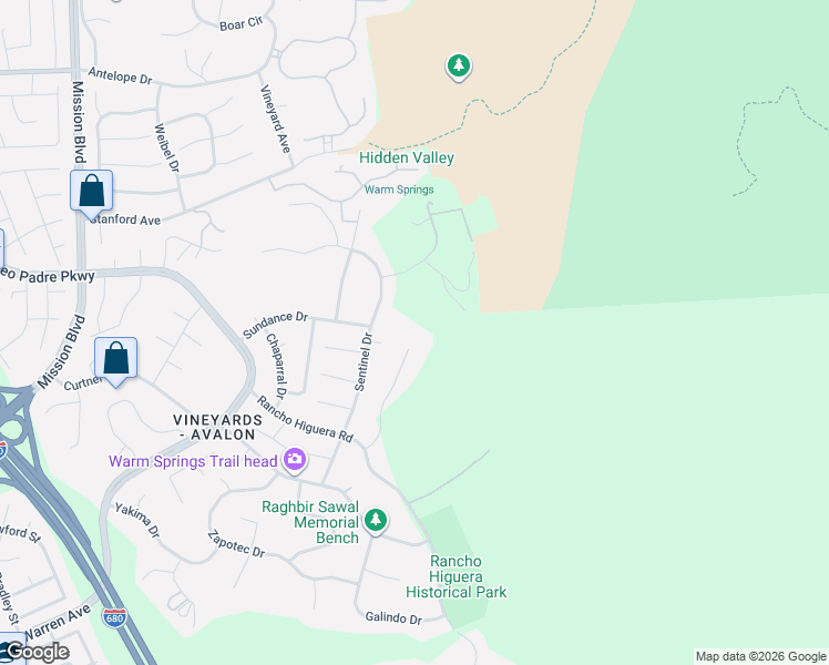 map of restaurants, bars, coffee shops, grocery stores, and more near 2087 Rancho Higuera Court in Fremont