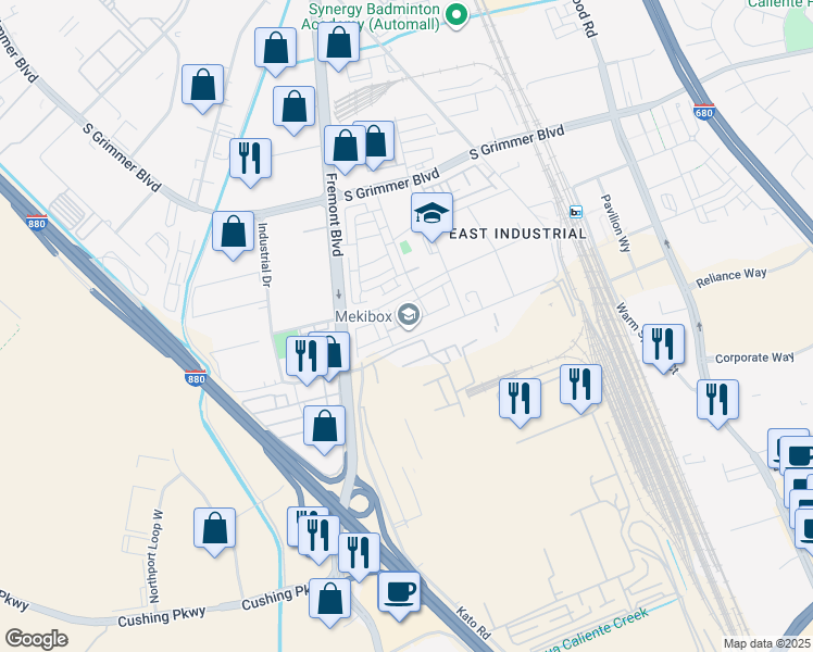 map of restaurants, bars, coffee shops, grocery stores, and more near Kato Road in Fremont