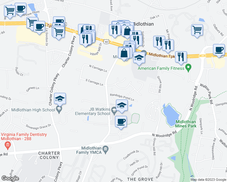 map of restaurants, bars, coffee shops, grocery stores, and more near 309 Randolph View Drive in Midlothian