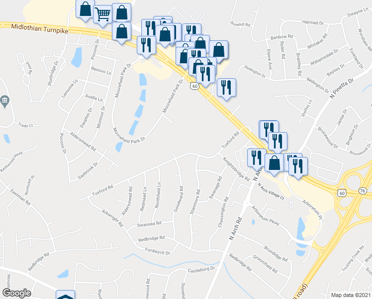 map of restaurants, bars, coffee shops, grocery stores, and more near 9630 Tuxford Road in Richmond