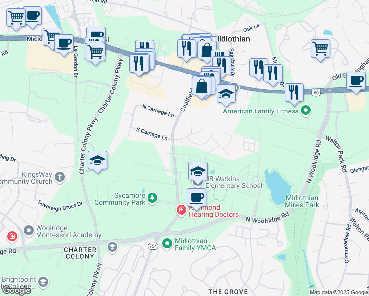 map of restaurants, bars, coffee shops, grocery stores, and more near 309 Randolph View Drive in Midlothian