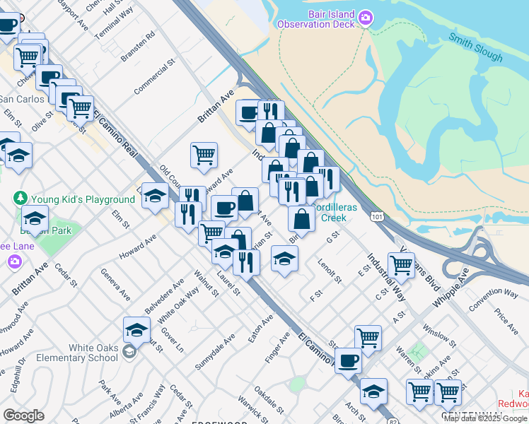 map of restaurants, bars, coffee shops, grocery stores, and more near 952A Washington Street in San Carlos