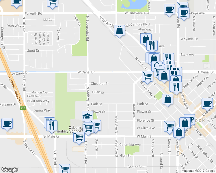 map of restaurants, bars, coffee shops, grocery stores, and more near 908 Chestnut Street in Turlock