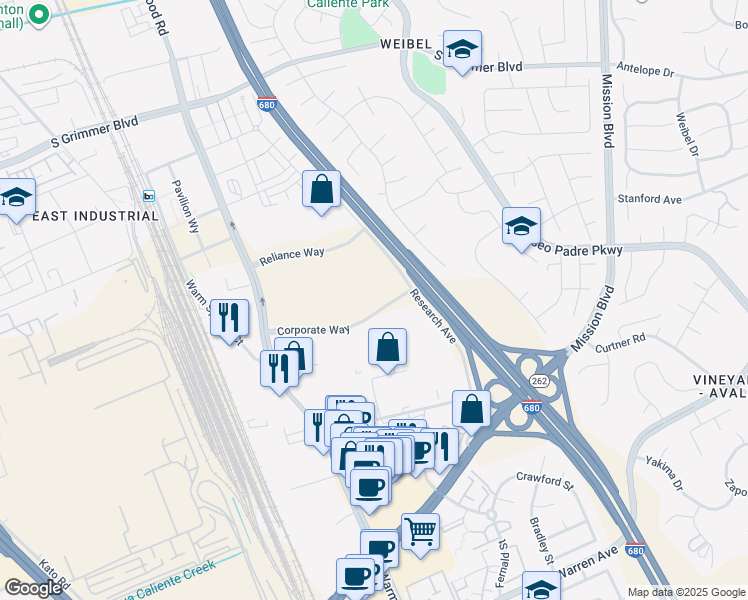 map of restaurants, bars, coffee shops, grocery stores, and more near 889 Corporate Way in Fremont