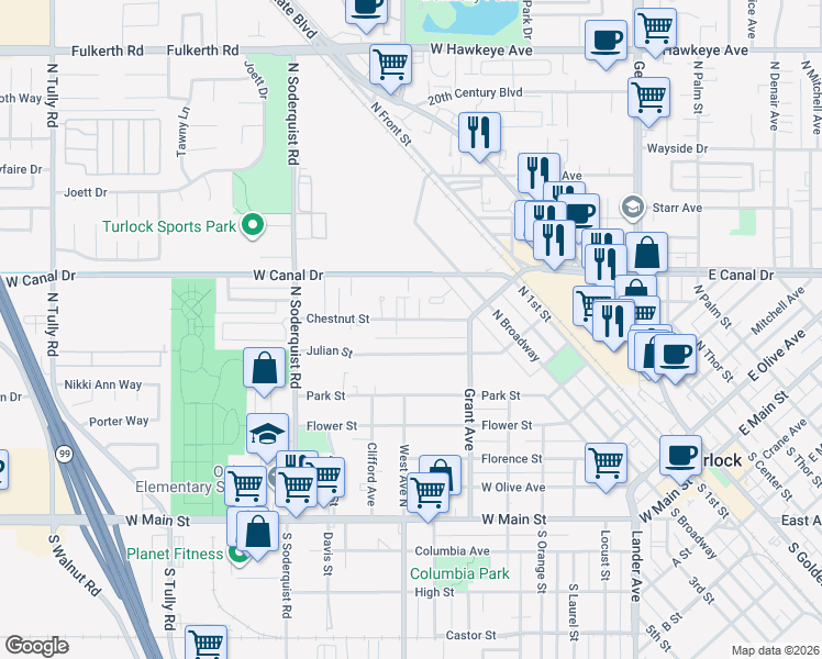 map of restaurants, bars, coffee shops, grocery stores, and more near 790 Chestnut Street in Turlock