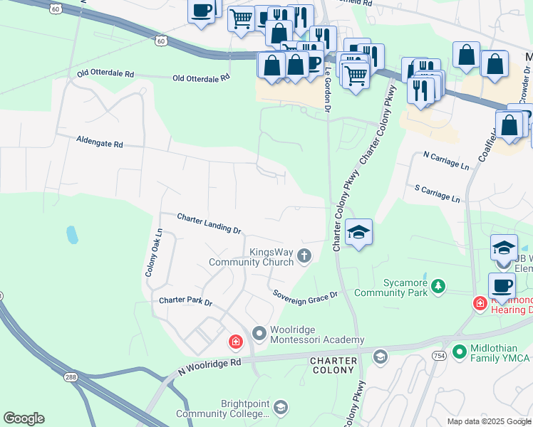 map of restaurants, bars, coffee shops, grocery stores, and more near 14308 Garnett Lane in Midlothian