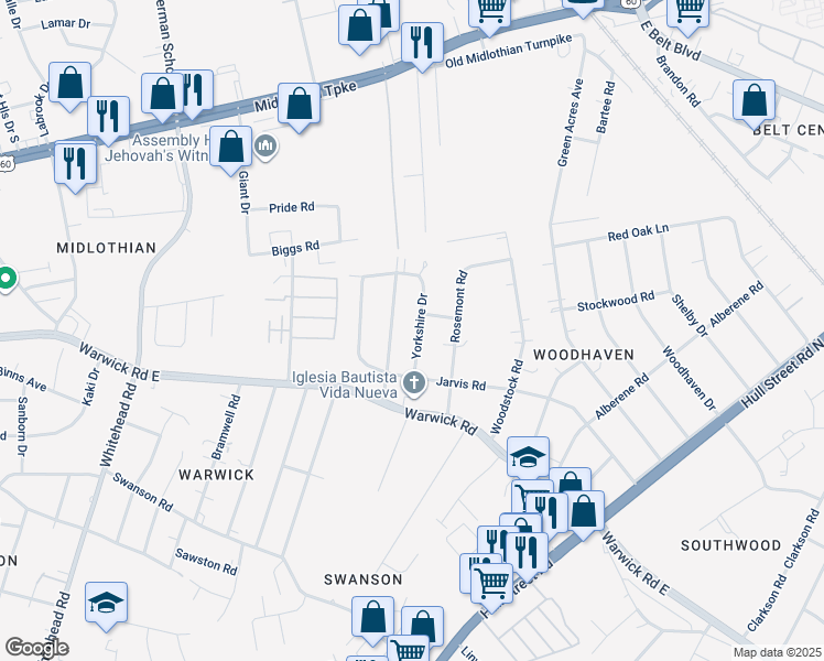 map of restaurants, bars, coffee shops, grocery stores, and more near 706 Yorkshire Drive in Richmond