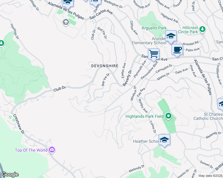 map of restaurants, bars, coffee shops, grocery stores, and more near 123 Dolton Avenue in San Carlos