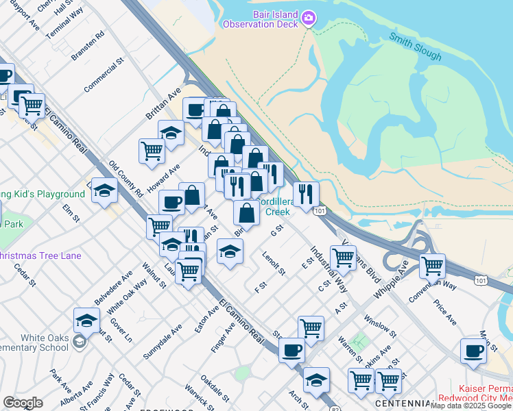 map of restaurants, bars, coffee shops, grocery stores, and more near 1668 Industrial Rd in San Carlos