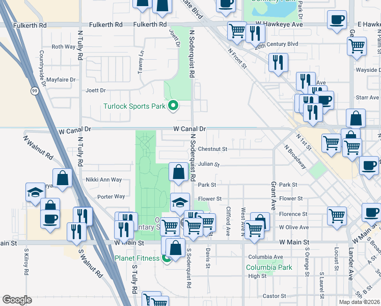 map of restaurants, bars, coffee shops, grocery stores, and more near 1284 Magic Sands Way in Turlock