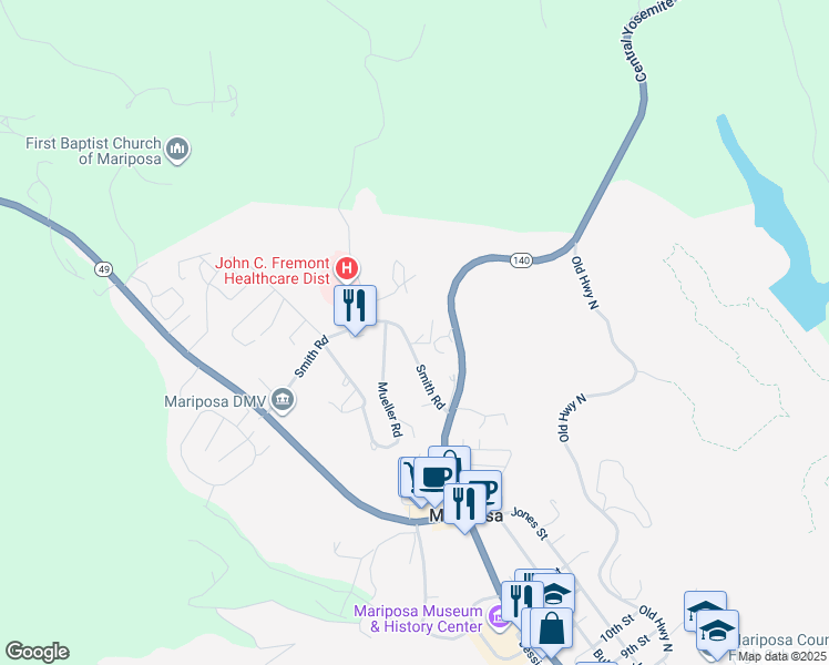 map of restaurants, bars, coffee shops, grocery stores, and more near 5081B Smith Road in Mariposa