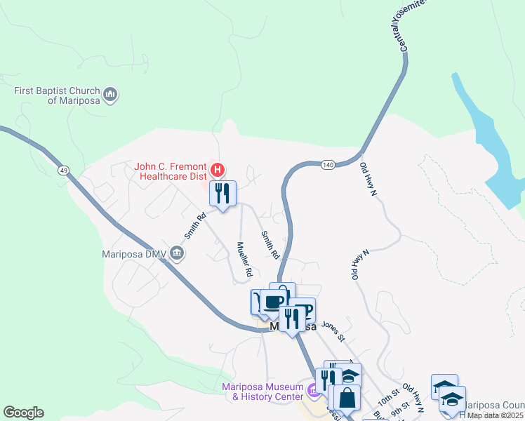 map of restaurants, bars, coffee shops, grocery stores, and more near 5081B Smith Road in Mariposa