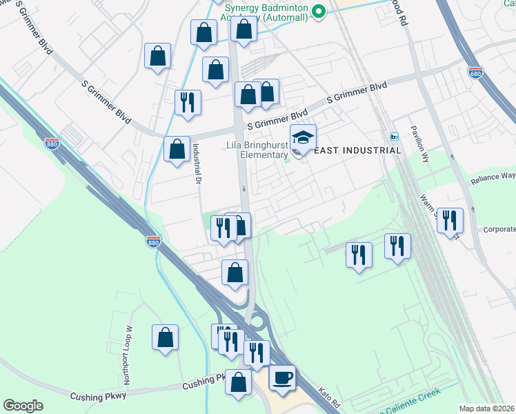 map of restaurants, bars, coffee shops, grocery stores, and more near 45200-45232 Fremont Boulevard in Fremont