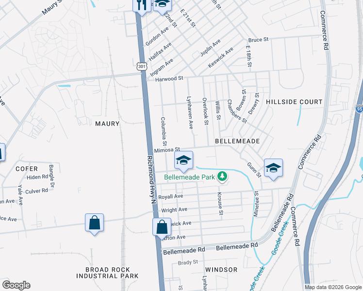 map of restaurants, bars, coffee shops, grocery stores, and more near 2401 Mimosa Street in Richmond