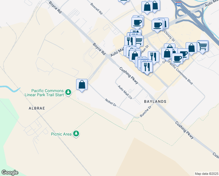 map of restaurants, bars, coffee shops, grocery stores, and more near 6700 Auto Mall Parkway in Fremont