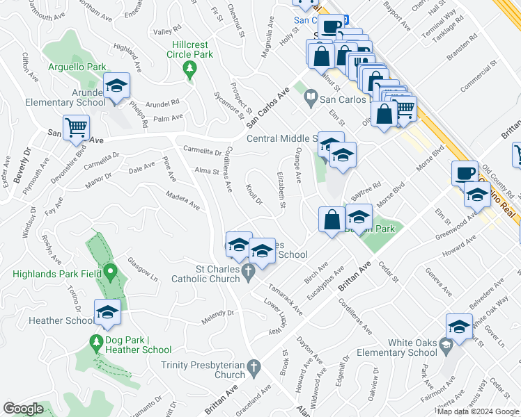 map of restaurants, bars, coffee shops, grocery stores, and more near 780 Knoll Drive in San Carlos
