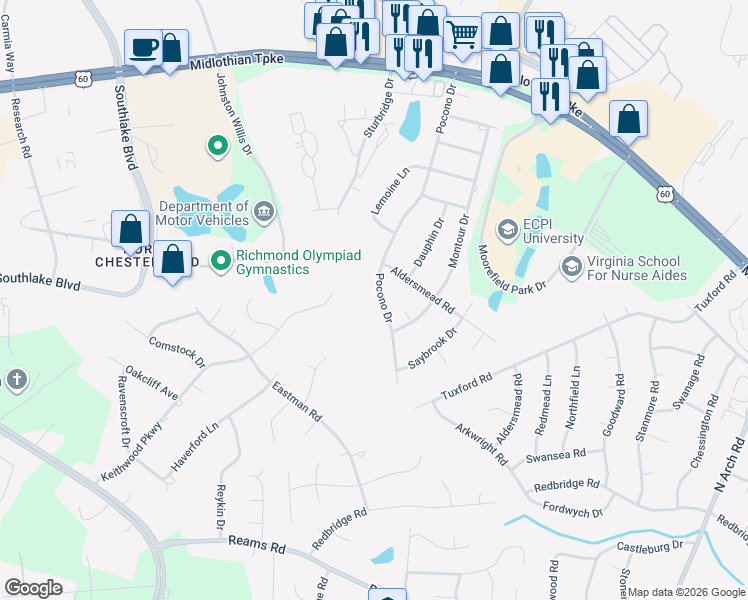 map of restaurants, bars, coffee shops, grocery stores, and more near 420 Pocono Drive in Richmond