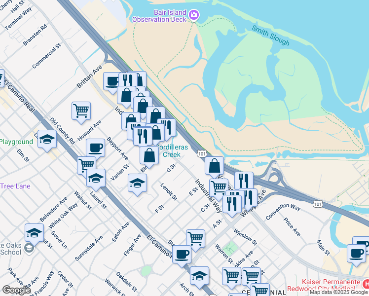 map of restaurants, bars, coffee shops, grocery stores, and more near 1 Circle Star Way in San Carlos