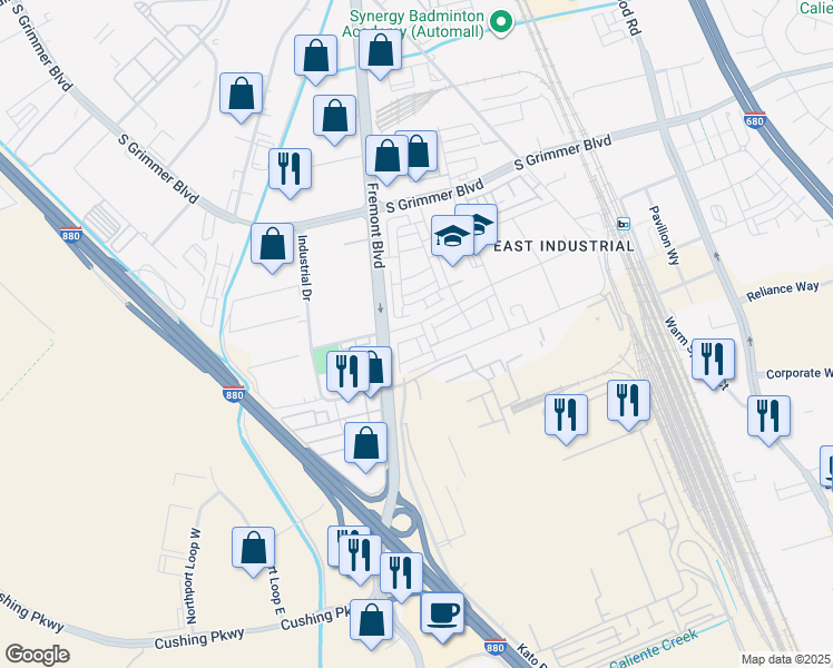 map of restaurants, bars, coffee shops, grocery stores, and more near Ambition Street in Fremont