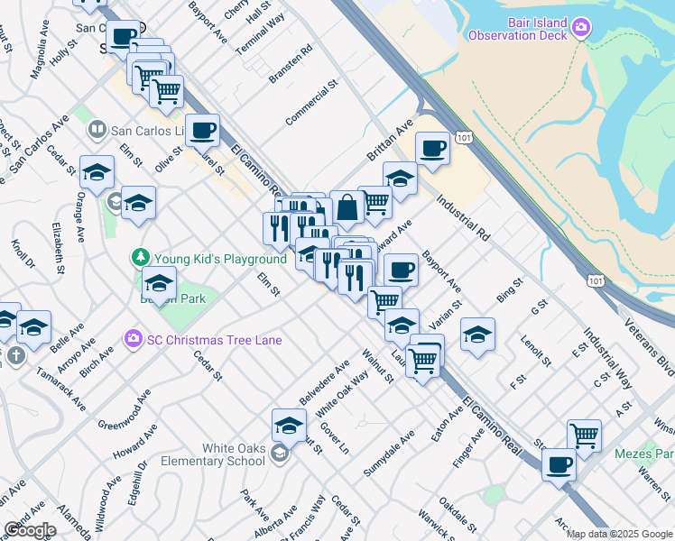 map of restaurants, bars, coffee shops, grocery stores, and more near 1239 Laurel Street in San Carlos
