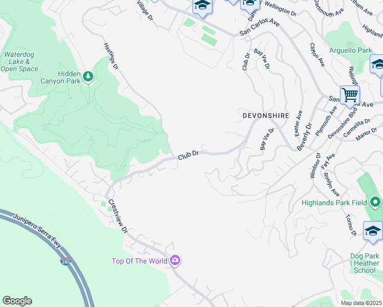 map of restaurants, bars, coffee shops, grocery stores, and more near Club Drive in San Carlos