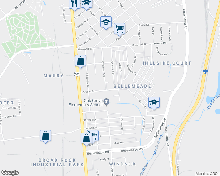 map of restaurants, bars, coffee shops, grocery stores, and more near 2309 Mimosa Street in Richmond