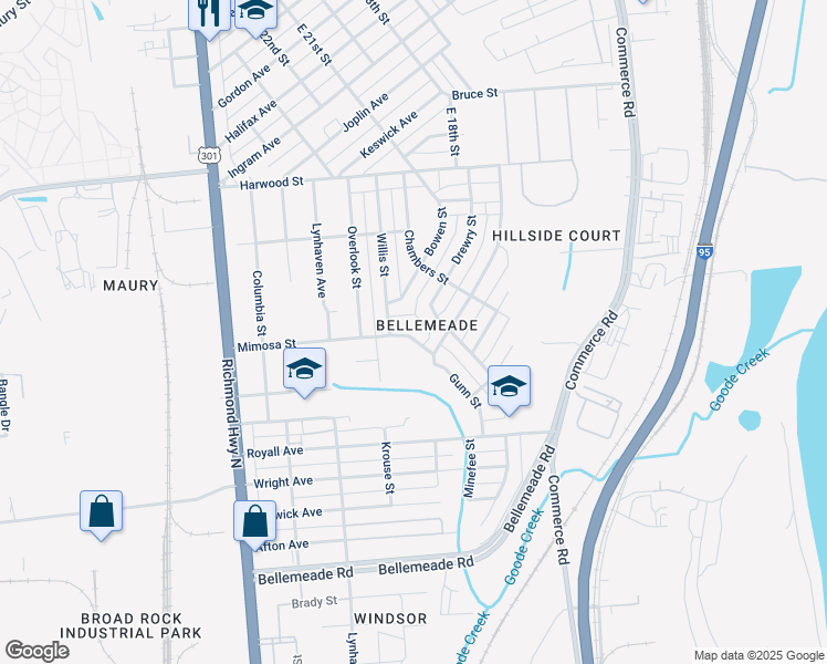 map of restaurants, bars, coffee shops, grocery stores, and more near 2111 Mimosa Street in Richmond
