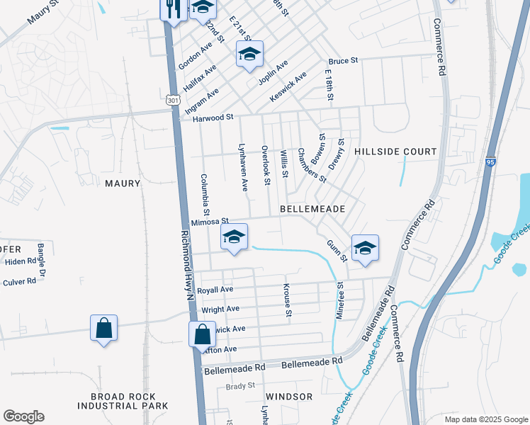 map of restaurants, bars, coffee shops, grocery stores, and more near 2307 Mimosa Street in Richmond