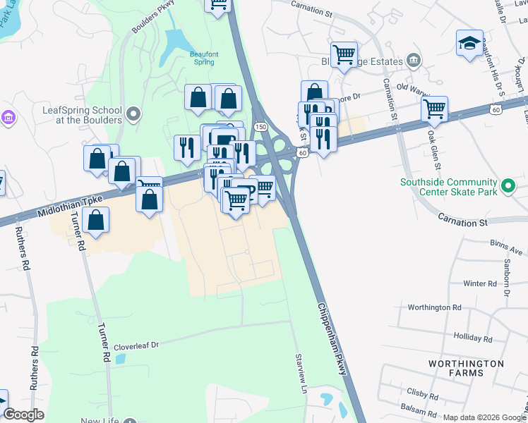 map of restaurants, bars, coffee shops, grocery stores, and more near 311 Karl Linn Drive in Richmond
