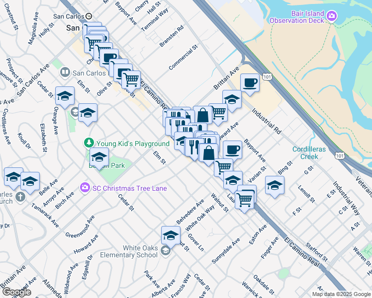 map of restaurants, bars, coffee shops, grocery stores, and more near 1239 Laurel Street in San Carlos