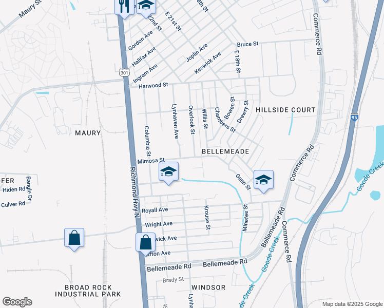 map of restaurants, bars, coffee shops, grocery stores, and more near 2307 Mimosa Street in Richmond