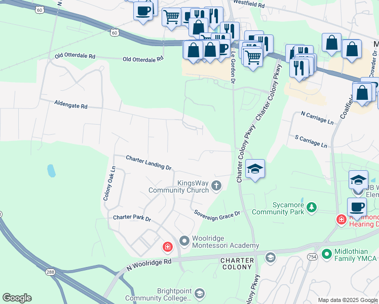 map of restaurants, bars, coffee shops, grocery stores, and more near 14308 Garnett Lane in Midlothian