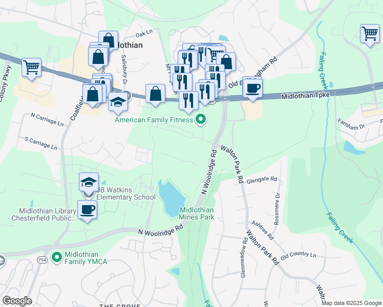 map of restaurants, bars, coffee shops, grocery stores, and more near 13100 North Woolridge Road in Midlothian