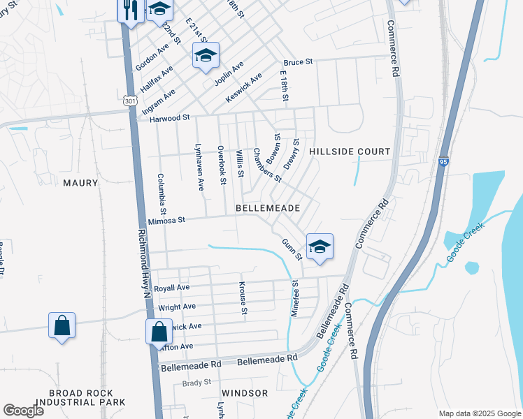 map of restaurants, bars, coffee shops, grocery stores, and more near 2111 Mimosa Street in Richmond