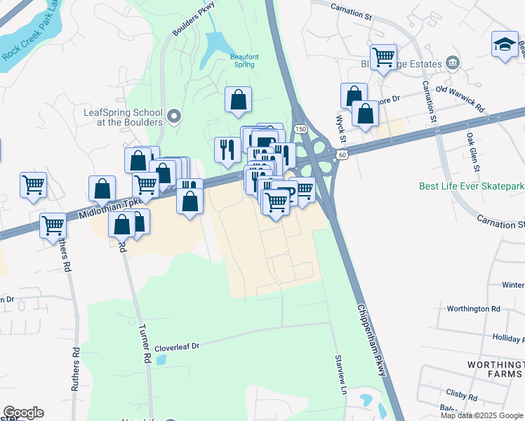 map of restaurants, bars, coffee shops, grocery stores, and more near 7201 Midlothian Turnpike in Richmond