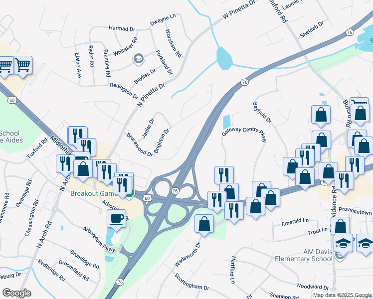 map of restaurants, bars, coffee shops, grocery stores, and more near 8845 Brucewood Drive in Richmond