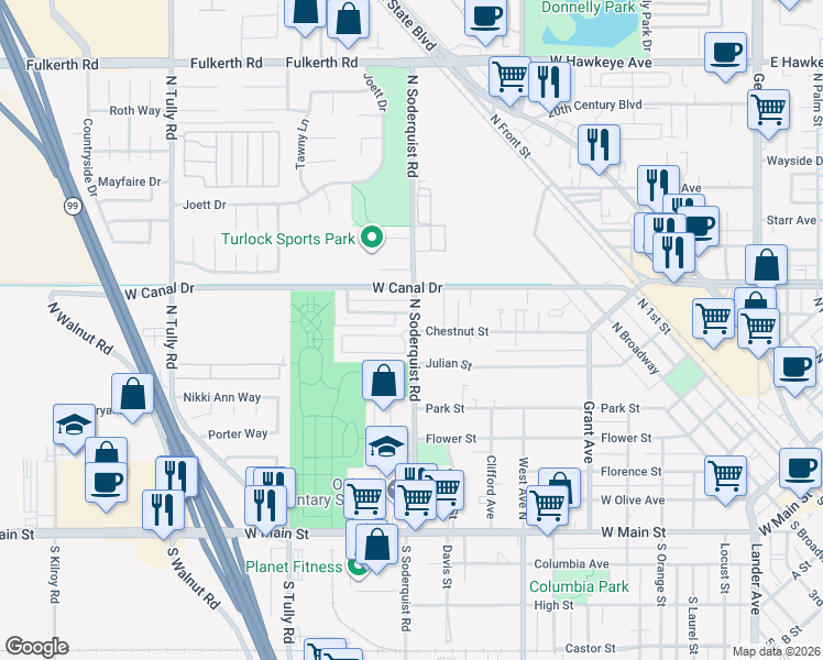 map of restaurants, bars, coffee shops, grocery stores, and more near 1284 Magic Sands Way in Turlock