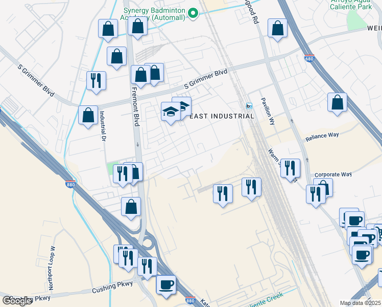 map of restaurants, bars, coffee shops, grocery stores, and more near 45300 Fremont Boulevard in Fremont