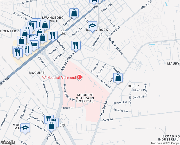 map of restaurants, bars, coffee shops, grocery stores, and more near 3443 McGuire Drive in Richmond