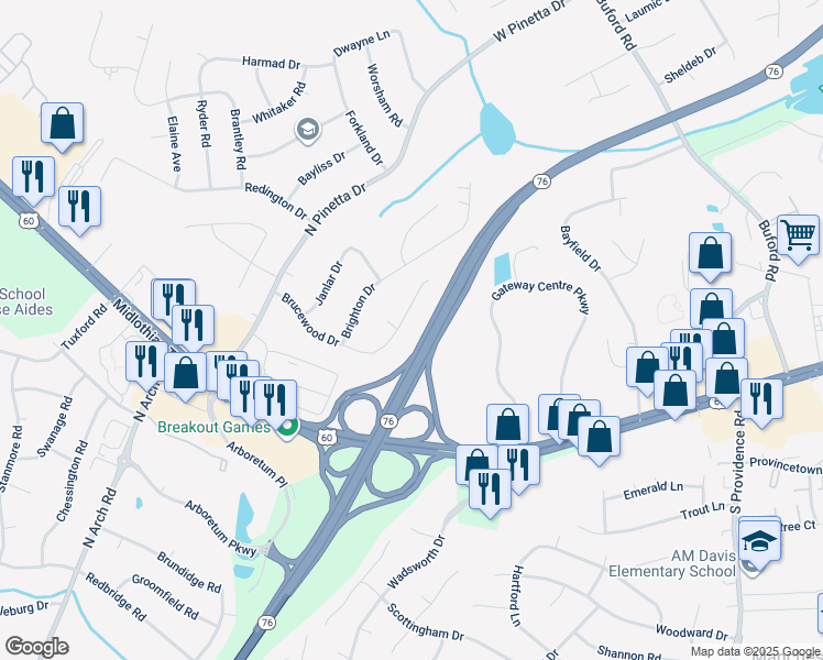 map of restaurants, bars, coffee shops, grocery stores, and more near 8845 Brucewood Drive in Richmond