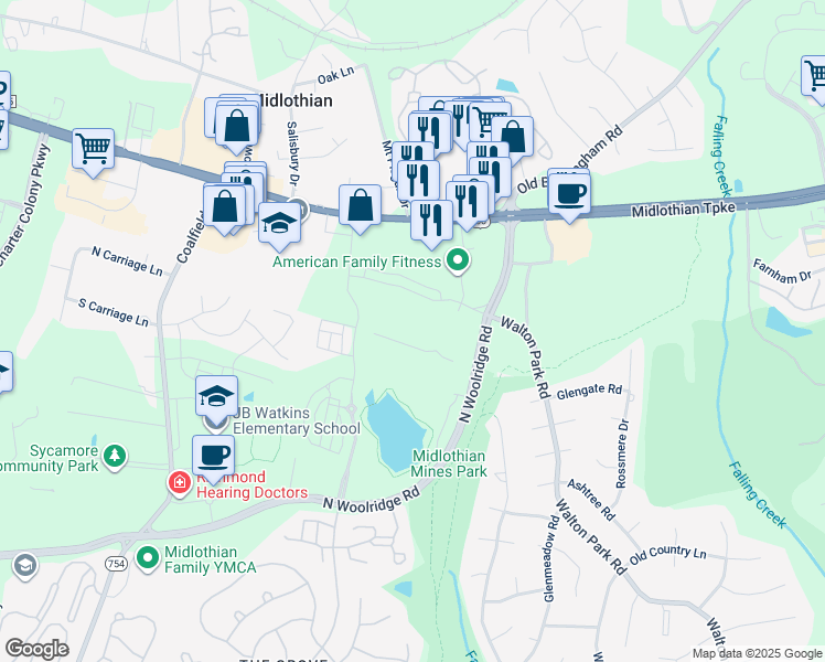 map of restaurants, bars, coffee shops, grocery stores, and more near 13100 North Woolridge Road in Midlothian