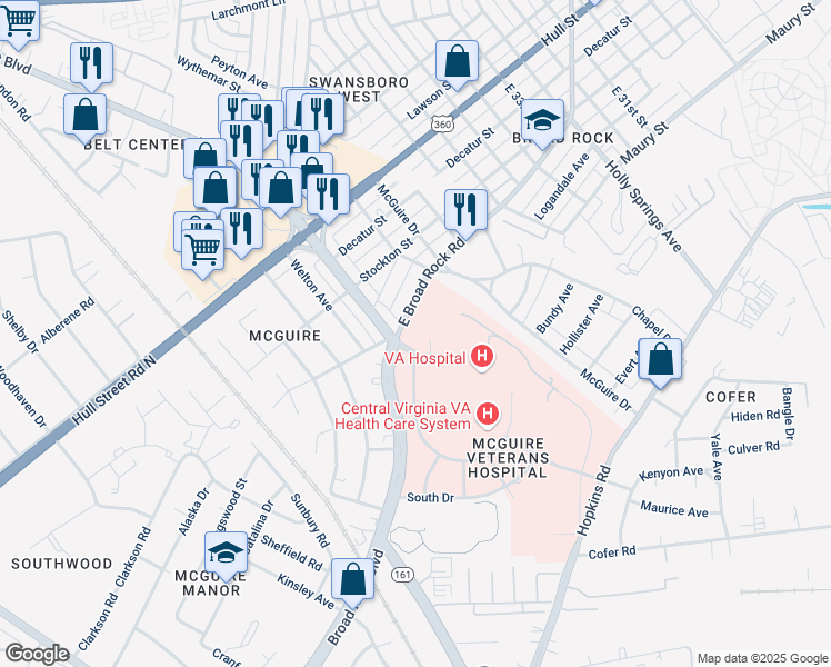 map of restaurants, bars, coffee shops, grocery stores, and more near 1201 Broad Rock Boulevard in Richmond