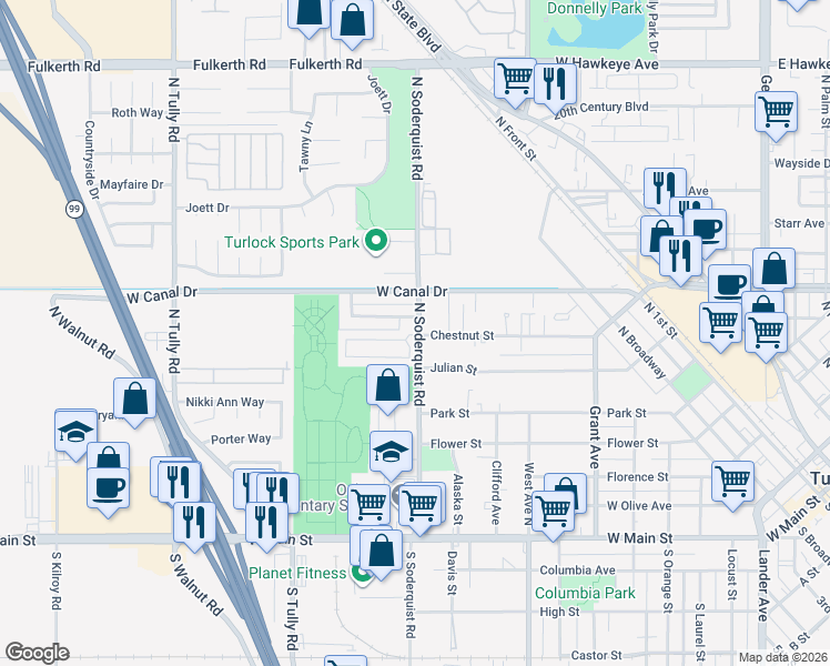 map of restaurants, bars, coffee shops, grocery stores, and more near 1284 Magic Sands Way in Turlock
