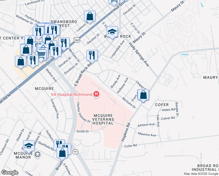 map of restaurants, bars, coffee shops, grocery stores, and more near 3443 McGuire Drive in Richmond